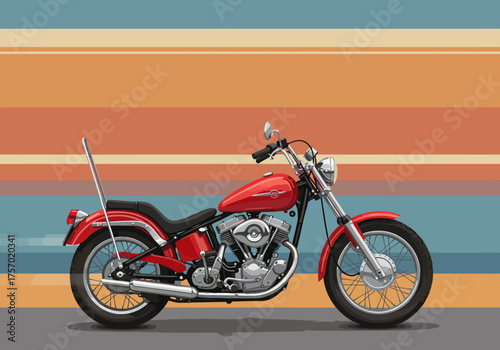 Red Chopper Motorcycle Illustration with Chrome Accents and Retro Background.