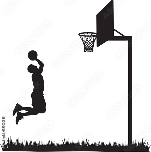 Silhouette of basketball player jumping to shoot ball at hoop