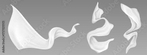 Flying white cloth pieces set isolated on background. Vector realistic illustration of light satin fabric falling, silk scarf fluttering in wind, abstract textile drapery with soft waves, elegant veil