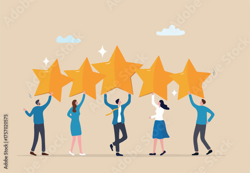 Employee survey, customer feedback rating or performance review, five stars service, best experience or feedback and engagement concept, business people employees holding 5 stars rating feedback