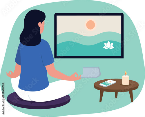 Woman meditating in lotus position in front of a screen displaying a serene landscape with a lotus flower.
