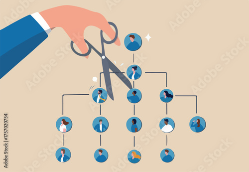 
Downsizing or layoff employee, contract termination, loss job from redundancy, dismissal workforce, restructure company, unemployed or outsourcing, businessman hand cut job fr