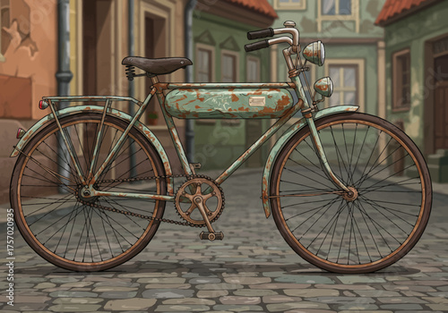 Vintage Bicycle with Rust and Patina in Urban Setting.