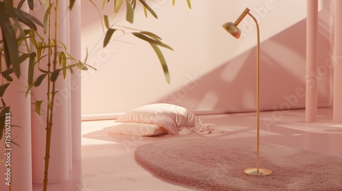 Minimalist Bedroom with Pink Lighting and Modern Floor Lamp