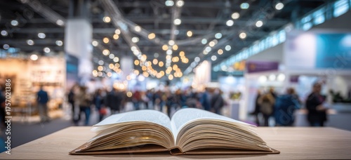 Open Book on a Wooden Table at a Crowded Exhibition or Conference.
