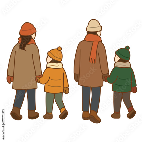 冬服を着て手を繋ぐ後ろ姿の親子 Back view of parents and children walking hand in hand with winter clothes