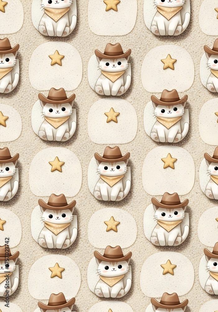 Obraz premium Cute Cowboy Cats And Golden Stars Seamless Sand