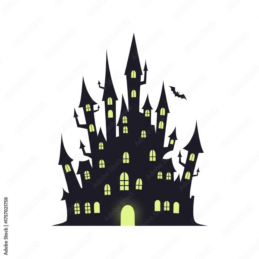 Obraz premium Silhouette of Spooky Castle with Glowing Windows and Bat on White Background