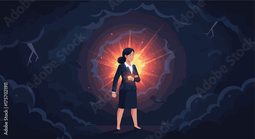 Resilience and determination personified a powerful woman confronting a storm with inner light, symbolizing strength and overcoming adversity