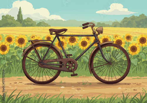 Vintage Bicycle in Sunflower Field Illustration.