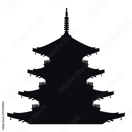 A striking black silhouette of a traditional asian pagoda structure silhouette