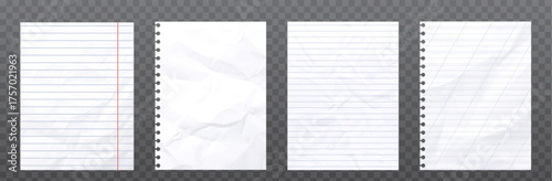 Crumpled notebook sheets set isolated on transparent background. Vector realistic illustration of empty grid and line white paper, wrinkled diary pages, blank letter background, old school memo notes