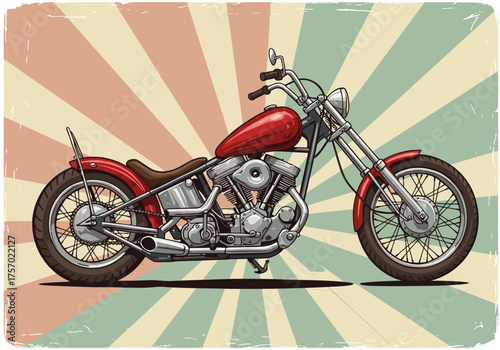 Vintage Red Chopper Motorcycle Illustration on Retro Background.