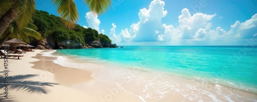 Sun-drenched beach scene, turquoise water laps gently at the shore, vibrant summer holiday vibes Perfect for travel, vacation, and summer themes , daytime, water, destination