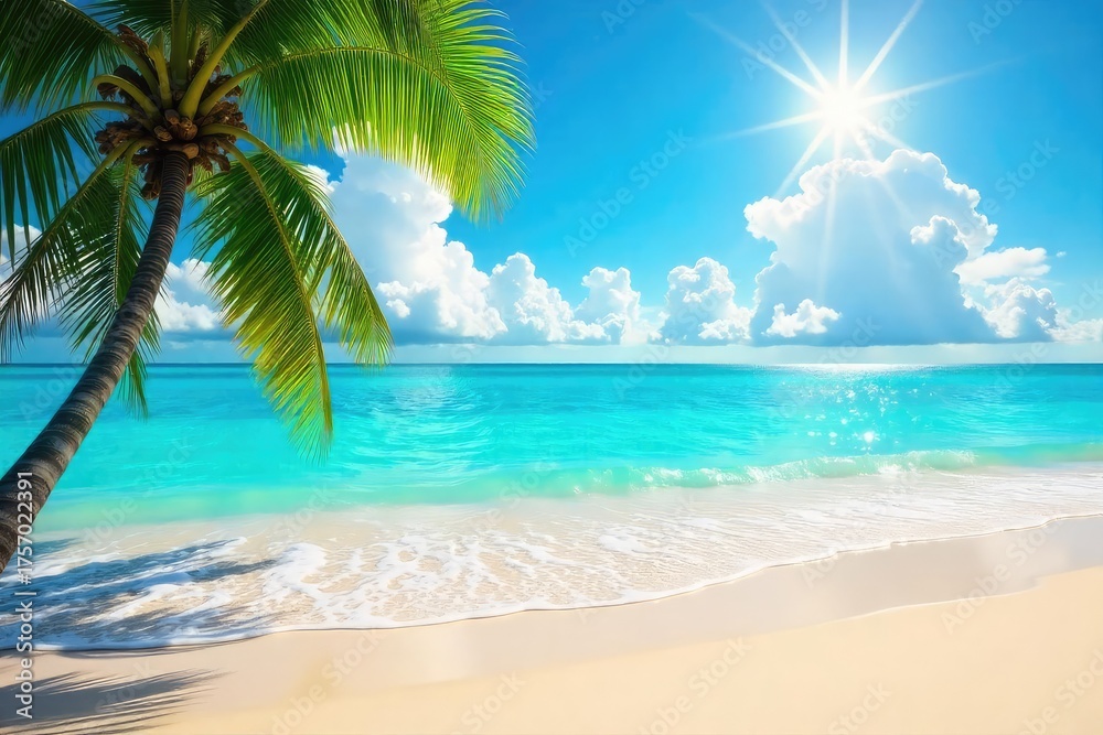 Fototapeta premium Sun-drenched beach scene with vibrant turquoise water, fluffy white clouds, and golden sand Perfect for summer holiday themes, travel brochures, or vacation websites , seaside, idyllic, warmth