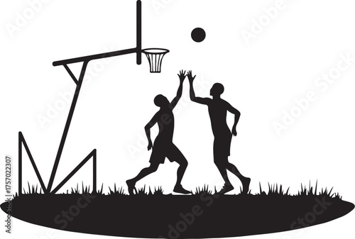 Two men playing basketball with a hoop and ball sport