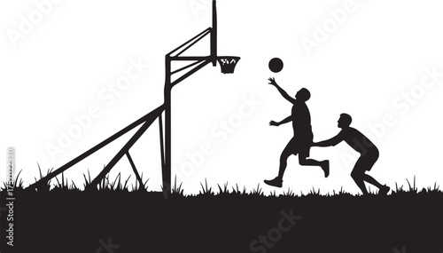 Two men playing basketball on grass with hoop sport