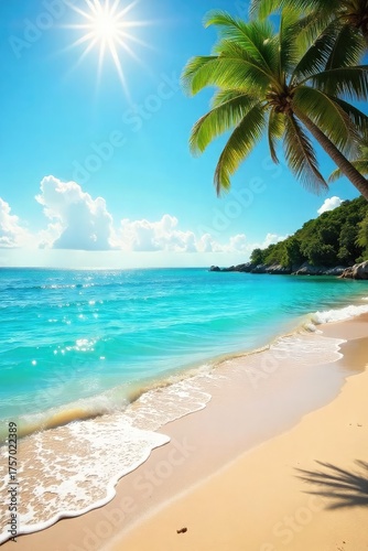 Sun-drenched beach scene with vibrant turquoise water lapping gently against golden sand; a perfect summer escape, ideal for travel and vacation brochures , outdoor, relaxation, calm