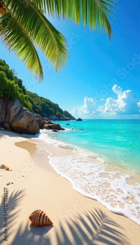 Sun-drenched beach scene with vibrant turquoise water lapping gently on the shore, seashells scattered on the sand, clear blue sky, idyllic summer vacation vibes , coastline, sand