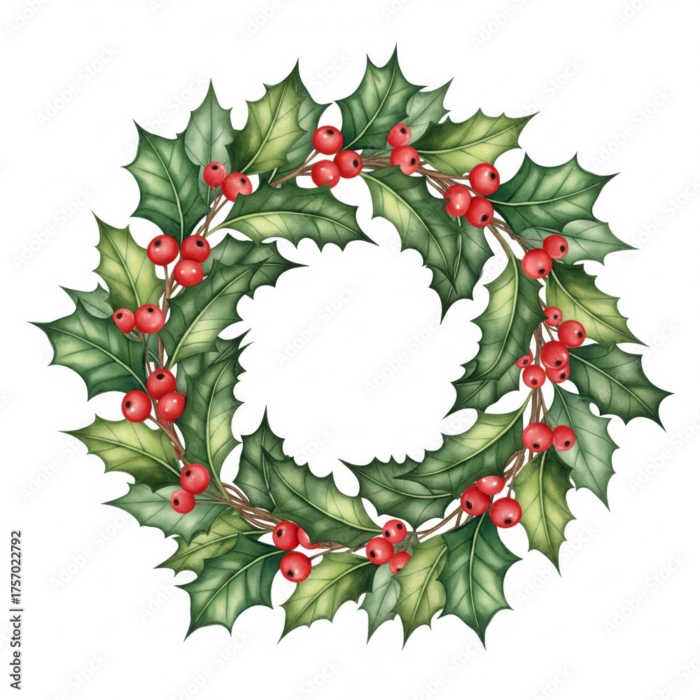 Fototapeta premium Festive Holly Wreath with Red Berries and Green Leaves on White Background