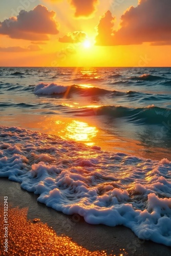 Sun-drenched beach, waves shimmering like gold, reflecting the warm light A breathtaking scene of a tranquil, golden ocean at sunset, perfect for travel and nature themes , horizon, peaceful, beach