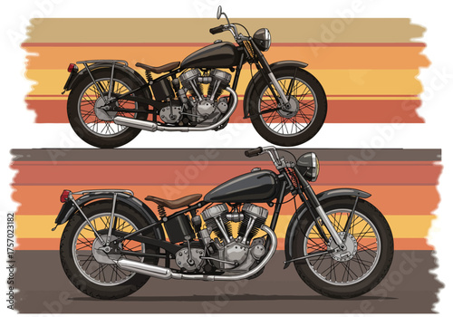 Two Classic Black Motorcycles with Detailed Engine and Retro Design.