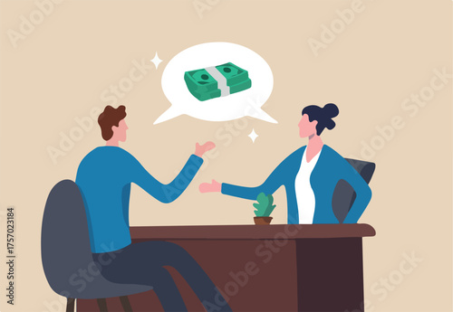 Salary negotiation, money compensation or job wage income, career performance reward, benefit or pay rate, employment incentive, job offer, business people manager negotiate salary with new employee.
