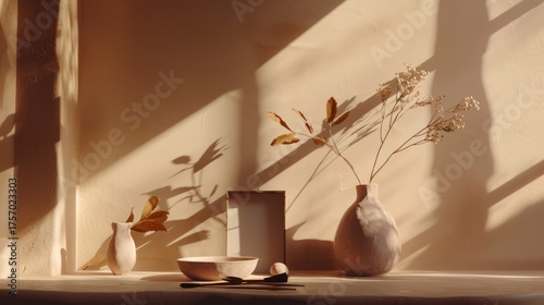 Minimalist Ceramic Vases with Dried Botanical Arrangements in Warm Light