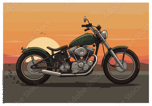 Vintage Green Motorcycle Illustration at Sunset.