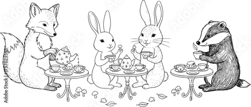 Whimsical woodland tea party illustration, anthropomorphic fox rabbit badger drinking tea, fantasy forest animals, storybook style, blue monochrome line art drawing