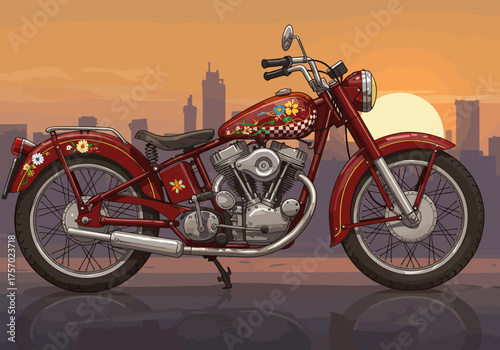 Vintage Red Motorcycle with Floral and Checkered Design Against Cityscape.