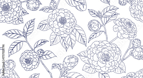 Elegant floral pattern with camellias in outline style in dark blue