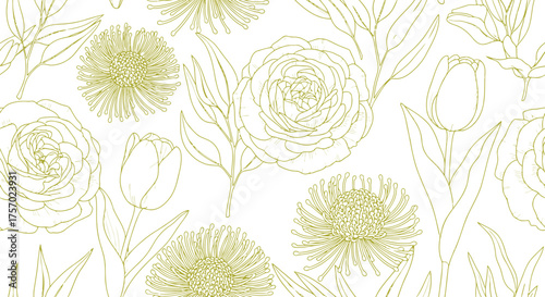 Elegant floral seamless pattern with roses tulips and protea flowers