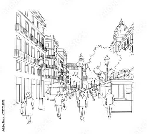 Rambla street in Barcelona. Line Art.