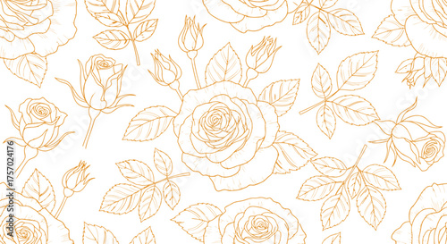 Seamless pattern of hand drawn golden roses on black background