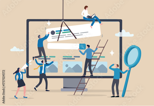 Teamwork develop website, building software or application project, team planning or website optimization, digital collaboration concept, business people team help build website on computer monitor.