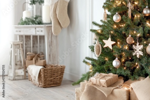 Festive christmas interior with decorated tree and wrapped gifts in cozy living room