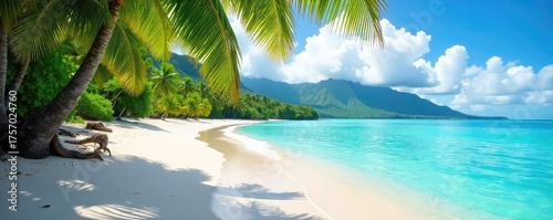 Sun-drenched white sand beach in Tahiti, turquoise water laps gently at shore, lush tropical foliage provides shade Perfect for travel, vacation, and paradise themes , blue, summer, nature