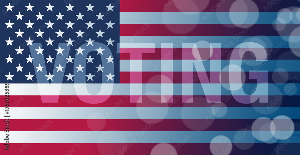 Obraz premium Abstract illustration of USA flag with soft light VOTING text and bokeh, emphasizing democratic participation and elections