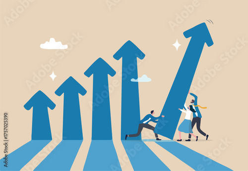 Teamwork to help business growth, team success or increase performance, improvement or growing business, career growth or effort to succeed concept, business people team help build growth graph chart