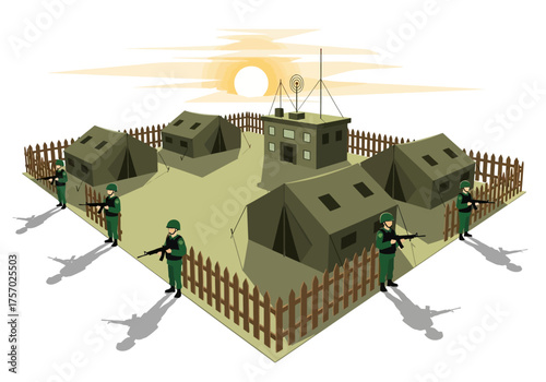 A military base with tents a building with antennas a fence soldiers and a stylized sunset