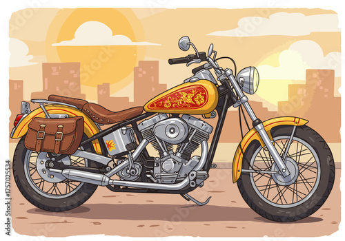 Cartoon Illustration of a Classic Yellow and Red Motorcycle.
