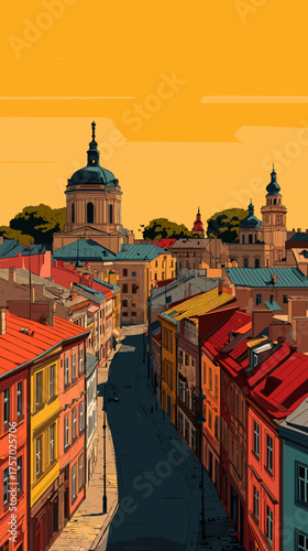  Cityscape of lviv, city in Ukraine, attractive touristic advertisement poster, beautiful touristic must-see destination. Beautiful tourist destination, in eastern central europe. Historic buildings, 