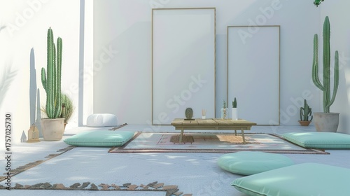 Minimalist Indoor Meditation Space with Cactus Plants and Floor Cushions