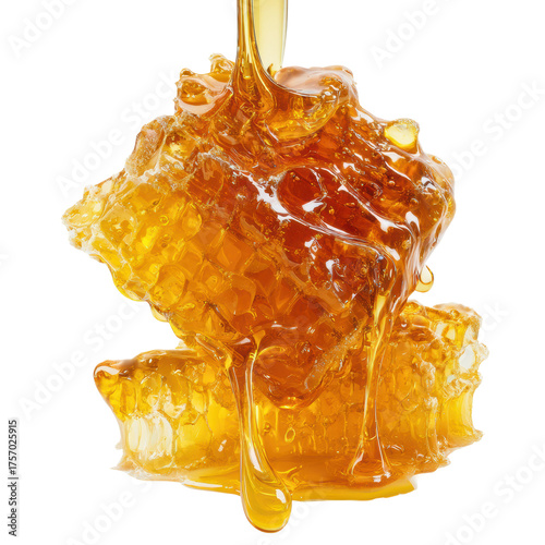 Honey dripping from hive kitchen food bright lighting isolated on transparent background