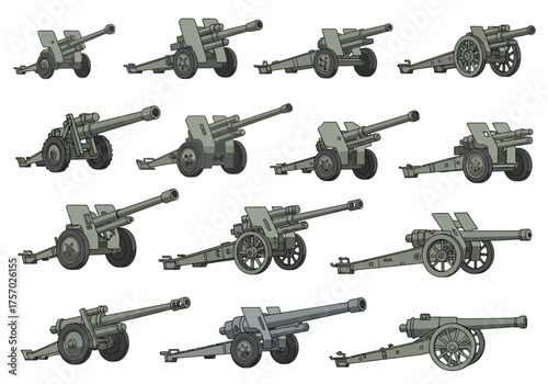Array of stylized gray military artillery cannons various designs and orientations