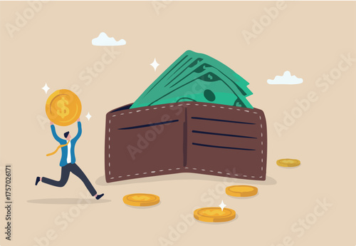 Salary, wages or income, making money profit, cash or economics, financial saving, investment or expense, spending, salary payroll, compensation concept, businessman hold money with wallet banknotes
