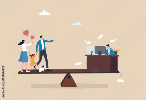 Work life balance, choose between family or hard work to be success, career opportunity or spend time with family, decision or responsibility concept, seesaw compare between family and man work hard
