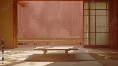 Minimalist Japanese-style Room with Wooden Bench and Shoji Screen