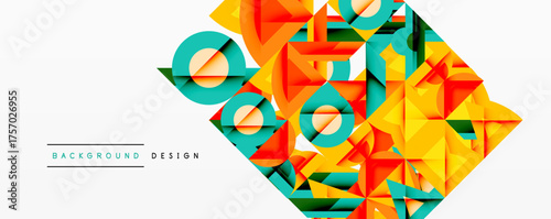 Abstract geometric shapes, vibrant colors, modern design. Orange, teal, yellow create dynamic composition. Minimalist background enhances visual impact.